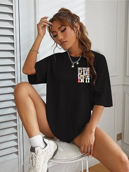 ASSEMA Kadın Baskılı T-Shirt Kısa Kol Bisiklet Yaka Ovarsize Rahat Kalıp Tişört -  Siyah