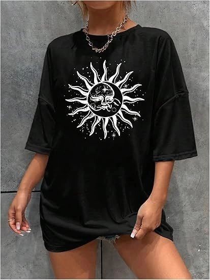 ASSEMA Kadın Baskılı T-Shirt Kısa Kol Bisiklet Yaka Regular Fit Rahat Kalıp Tişört - Siyah