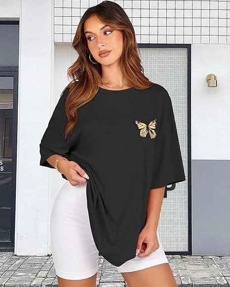 ASSEMA Kadın Baskılı T-Shirt Kısa Kol Bisiklet Yaka Ovarsize Rahat Kalıp Tişört -  Siyah