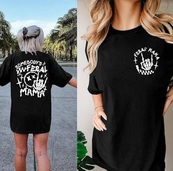 ASSEMA Kadın Baskılı T-Shirt Kısa Kol Bisiklet Yaka Ovarsize Rahat Kalıp Tişört -  Siyah