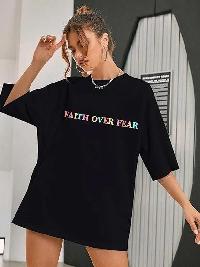 ASSEMA Kadın Baskılı T-Shirt Kısa Kol Bisiklet Yaka Ovarsize Rahat Kalıp Tişört -  Siyah