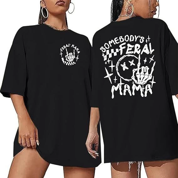 ASSEMA Kadın Baskılı T-Shirt Kısa Kol Bisiklet Yaka Ovarsize Rahat Kalıp Tişört -  Siyah