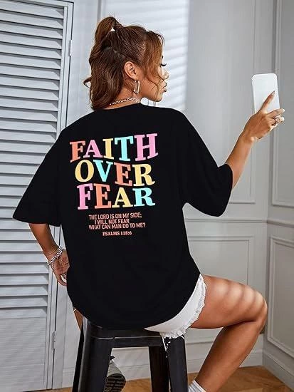 ASSEMA Kadın Baskılı T-Shirt Kısa Kol Bisiklet Yaka Ovarsize Rahat Kalıp Tişört -  Siyah