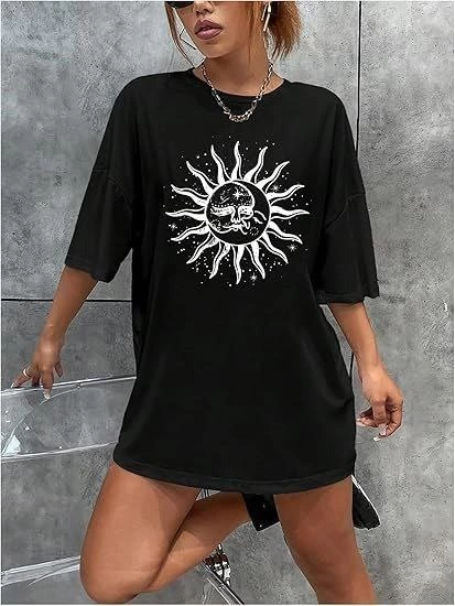 ASSEMA Kadın Baskılı T-Shirt Kısa Kol Bisiklet Yaka Regular Fit Rahat Kalıp Tişört - Siyah