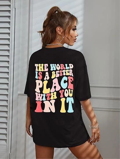 ASSEMA Kadın Baskılı T-Shirt Kısa Kol Bisiklet Yaka Ovarsize Rahat Kalıp Tişört -  Siyah