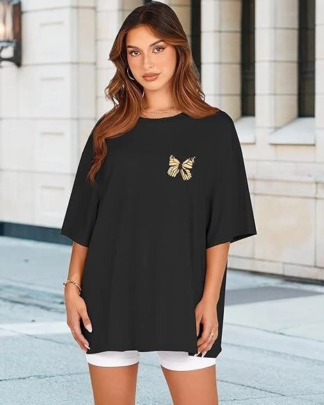ASSEMA Kadın Baskılı T-Shirt Kısa Kol Bisiklet Yaka Ovarsize Rahat Kalıp Tişört -  Siyah