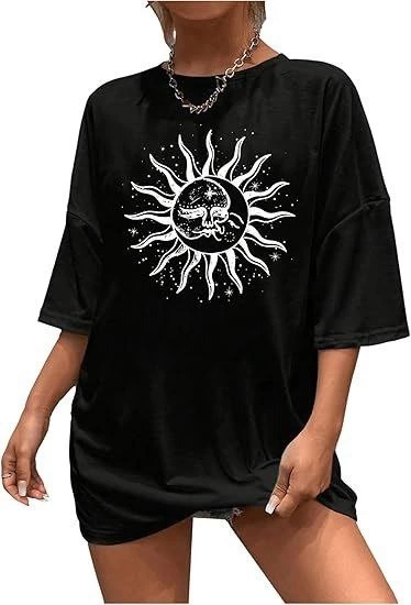 ASSEMA Kadın Baskılı T-Shirt Kısa Kol Bisiklet Yaka Regular Fit Rahat Kalıp Tişört - Siyah