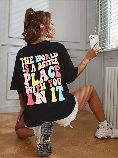 ASSEMA Kadın Baskılı T-Shirt Kısa Kol Bisiklet Yaka Ovarsize Rahat Kalıp Tişört -  Siyah