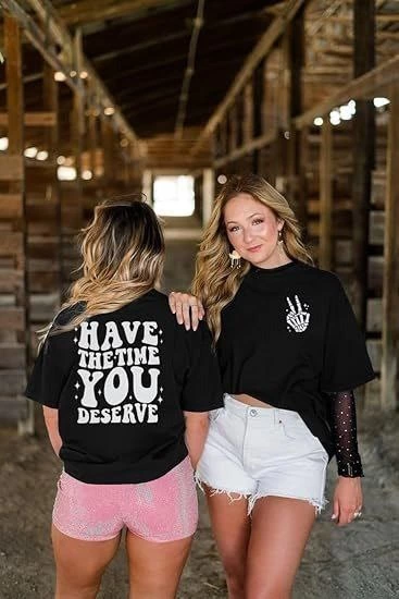 ASSEMA Kadın Baskılı T-Shirt Kısa Kol Bisiklet Yaka Ovarsize Rahat Kalıp Tişört -  Siyah