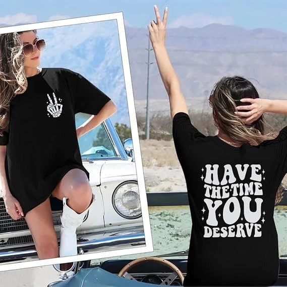 ASSEMA Kadın Baskılı T-Shirt Kısa Kol Bisiklet Yaka Ovarsize Rahat Kalıp Tişört -  Siyah