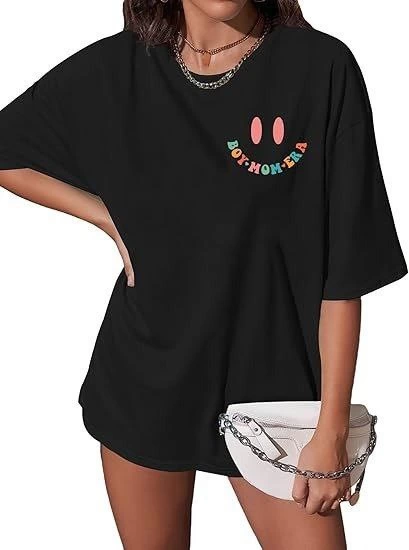 ASSEMA Kadın Baskılı T-Shirt Kısa Kol Bisiklet Yaka Ovarsize Rahat Kalıp Tişört -  Siyah