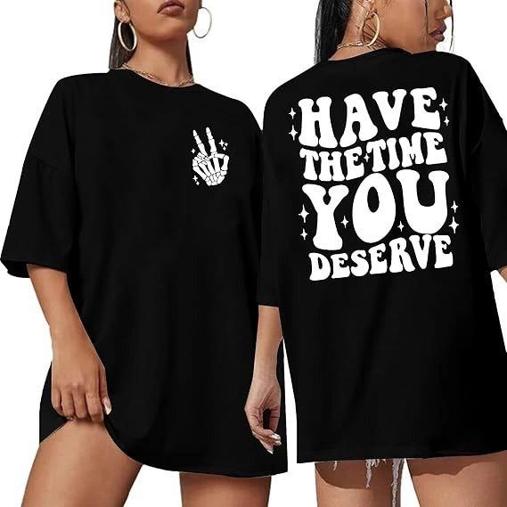 ASSEMA Kadın Baskılı T-Shirt Kısa Kol Bisiklet Yaka Ovarsize Rahat Kalıp Tişört -  Siyah