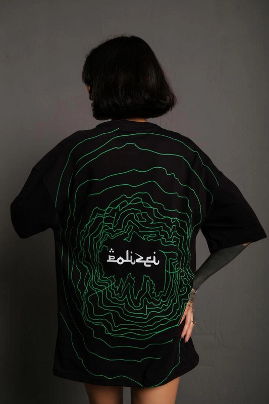 ASSEMA Kadın Bisiklet Yakalı Sırt Baskılı Oversize Kısa kol T-Shirt - Siyah