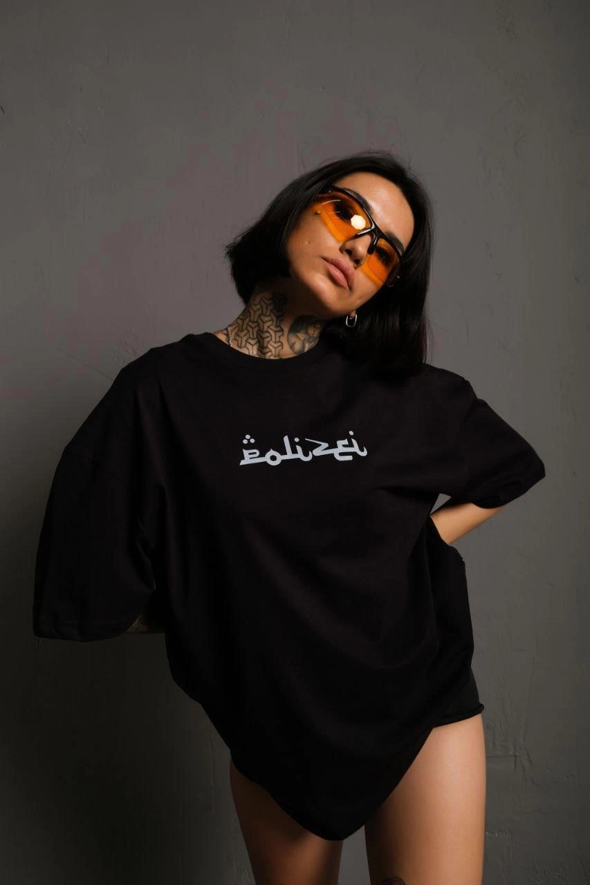 ASSEMA Kadın Bisiklet Yakalı Sırt Baskılı Oversize Kısa kol T-Shirt - Siyah