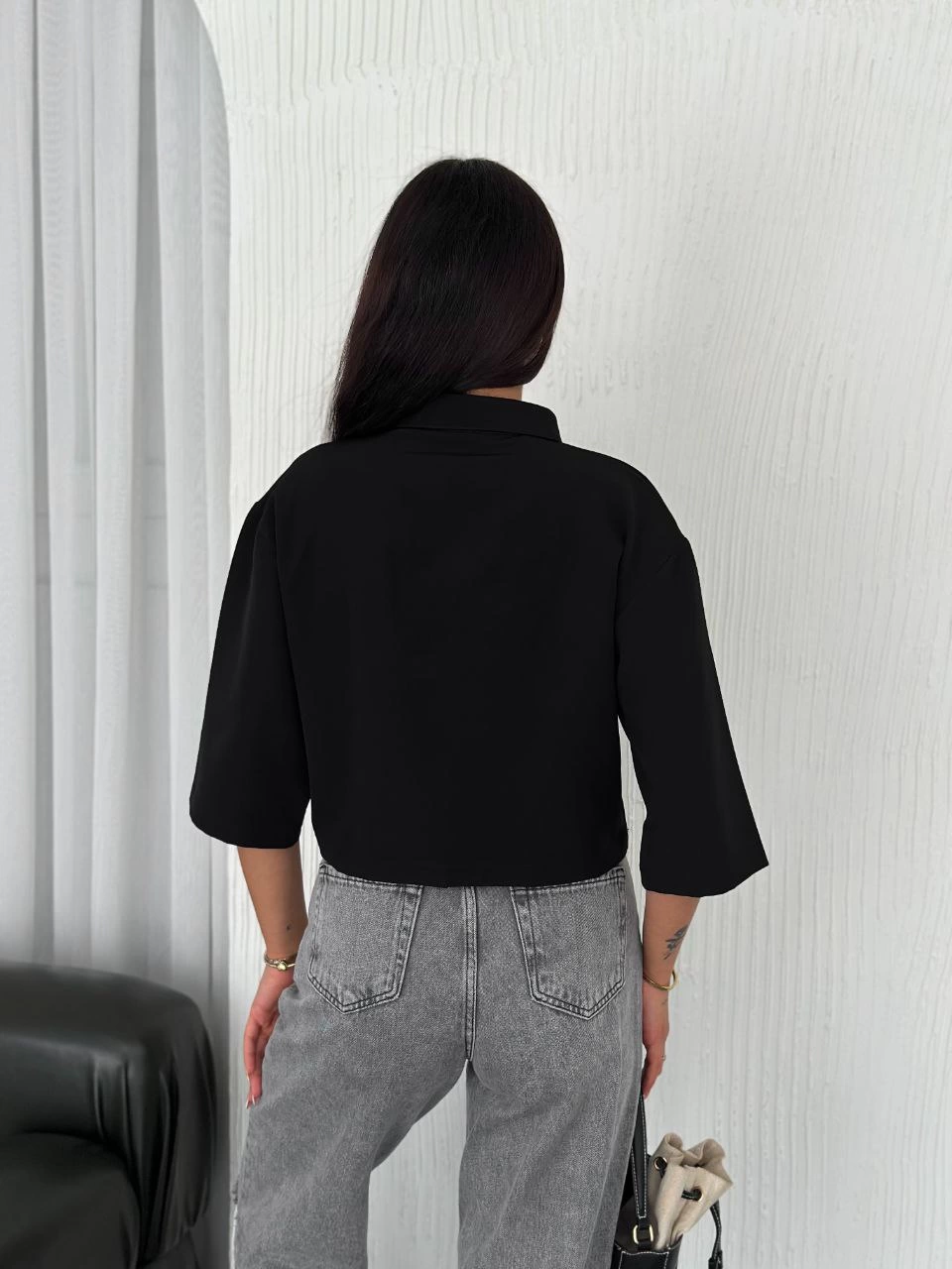 ASSEMA Z Krep Kadın Crop Yakalı Gömlek İlik Düğmeli Üç Çeyrek Sleeve Kol - Siyah