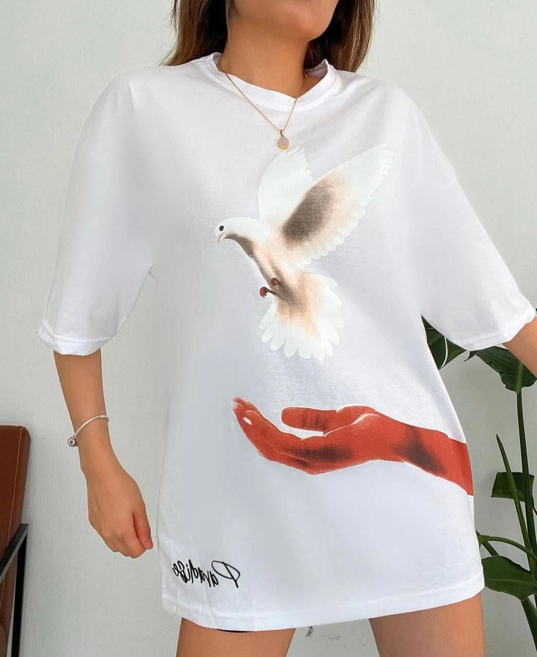ASSEMA Kadın Baskılı T-Shirt Kısa Kol Bisiklet Yaka  Ovarsize Rahat Kalıp Günlük Tişört  - Beyaz