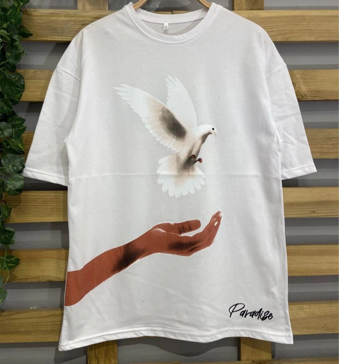 ASSEMA Kadın Baskılı T-Shirt Kısa Kol Bisiklet Yaka  Ovarsize Rahat Kalıp Günlük Tişört  - Beyaz