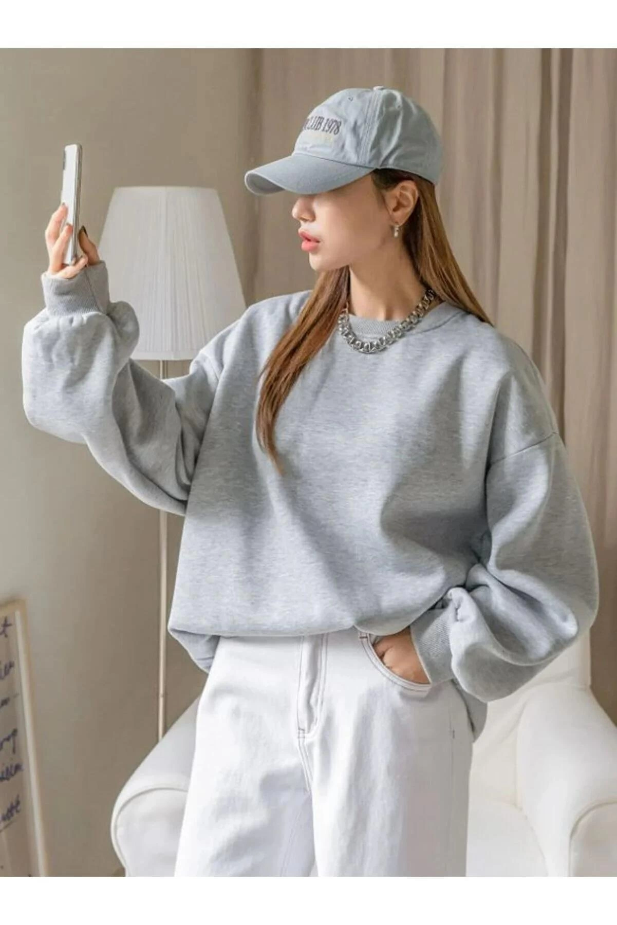 ASSEMA Kadın Düz Bisiklet Yaka  üç iplik pamuklu sweatshirt  - Gri