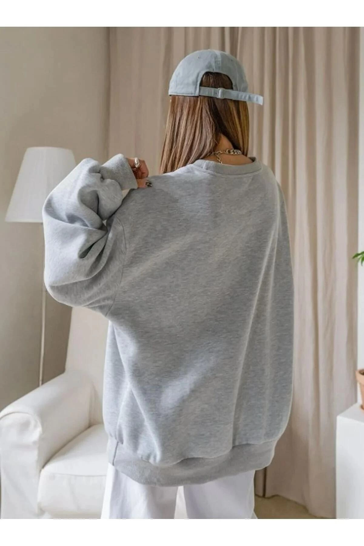 ASSEMA Kadın Düz Bisiklet Yaka  üç iplik pamuklu sweatshirt  - Gri