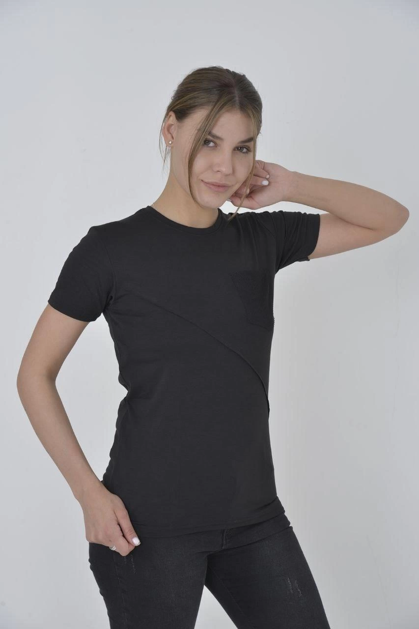ASSEMA Kadın File Cepli T-Shirt Kısa Kol Bisiklet Yaka Slimfit Tişört  - Siyah