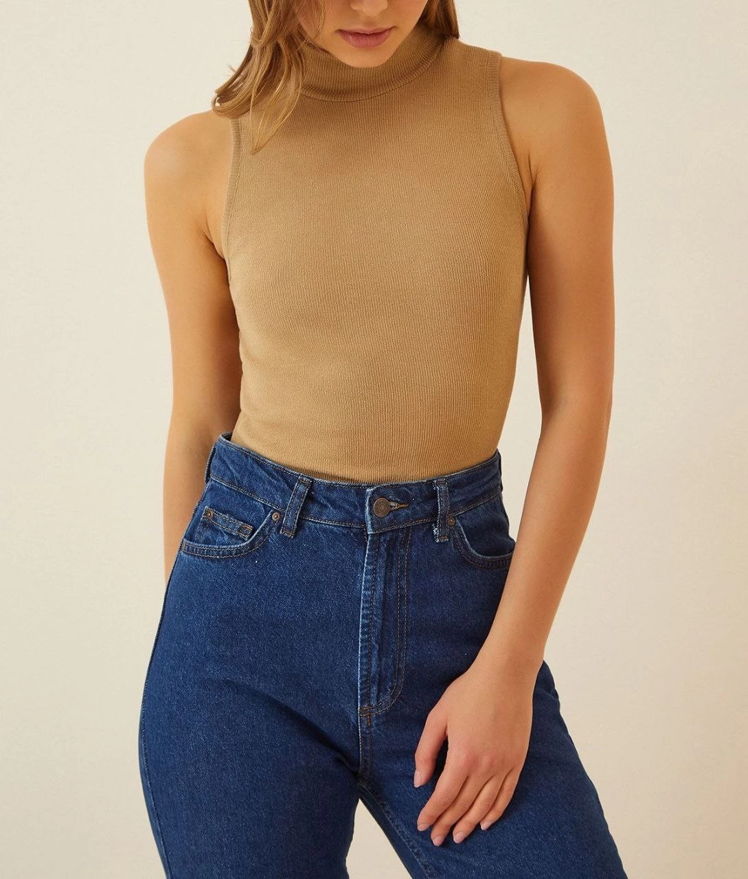 ASSEMA Kadın Full Likralı Fitilli Kaşkorse Body - Camel