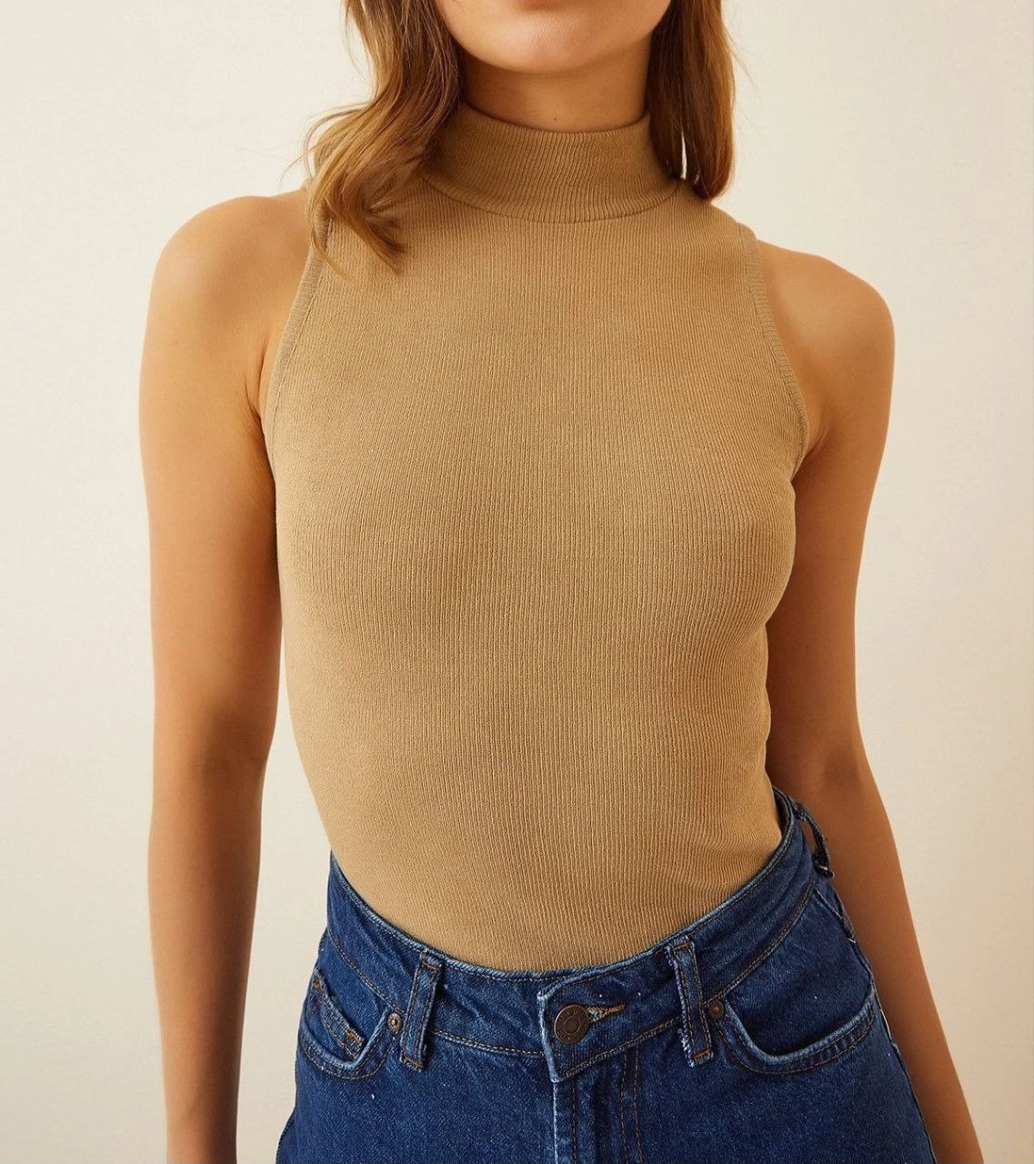 ASSEMA Kadın Full Likralı Fitilli Kaşkorse Body - Camel