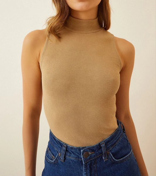 ASSEMA Kadın Full Likralı Fitilli Kaşkorse Body - Camel