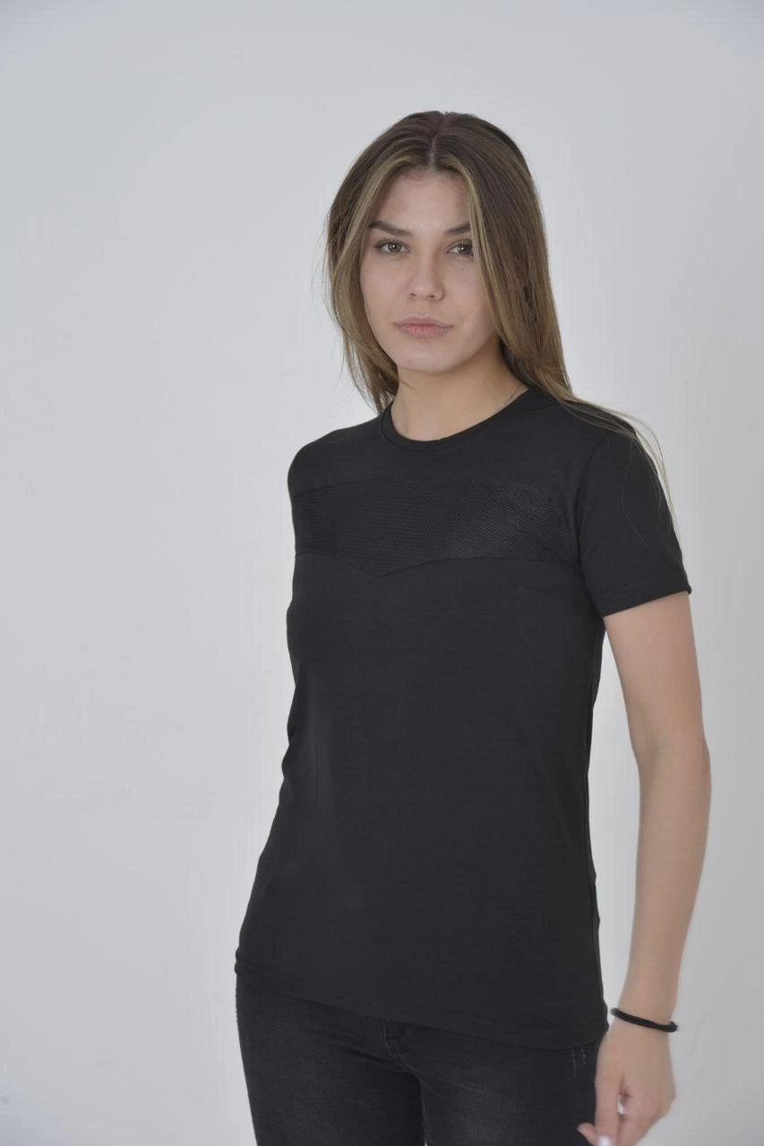 ASSEMA Kadın Gögüs Fileli T-Shirt Kısa Kol Bisiklet Yaka Slimfit Tişört   - Siyah