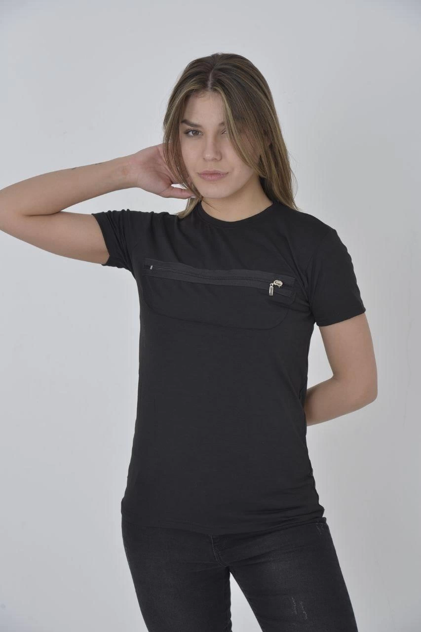 ASSEMA Kadın Gögüs Fermuarlı T-Shirt Kısa Kol Bisiklet Yaka Slimfit Tişört - Siyah