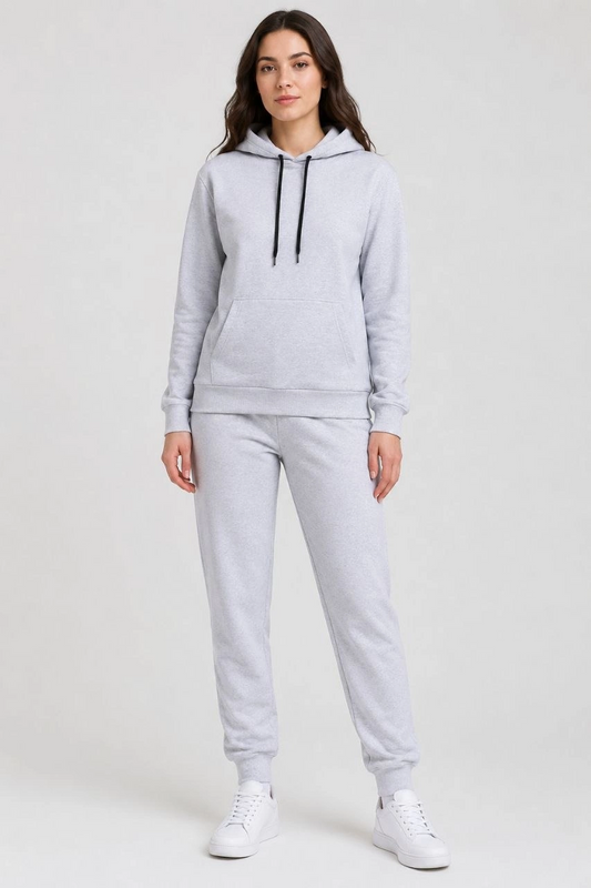 Kadın İki İplik Kapüşonlu Kanguru Cepli Jogger Alt Üst Eşofman Takımı - Beyaz