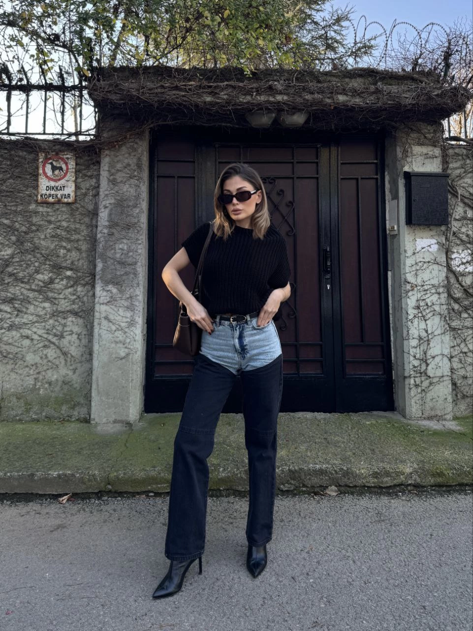 ASSEMA Kadın Jeans Kot Parçalı Palazzo Pantolon - Siyah