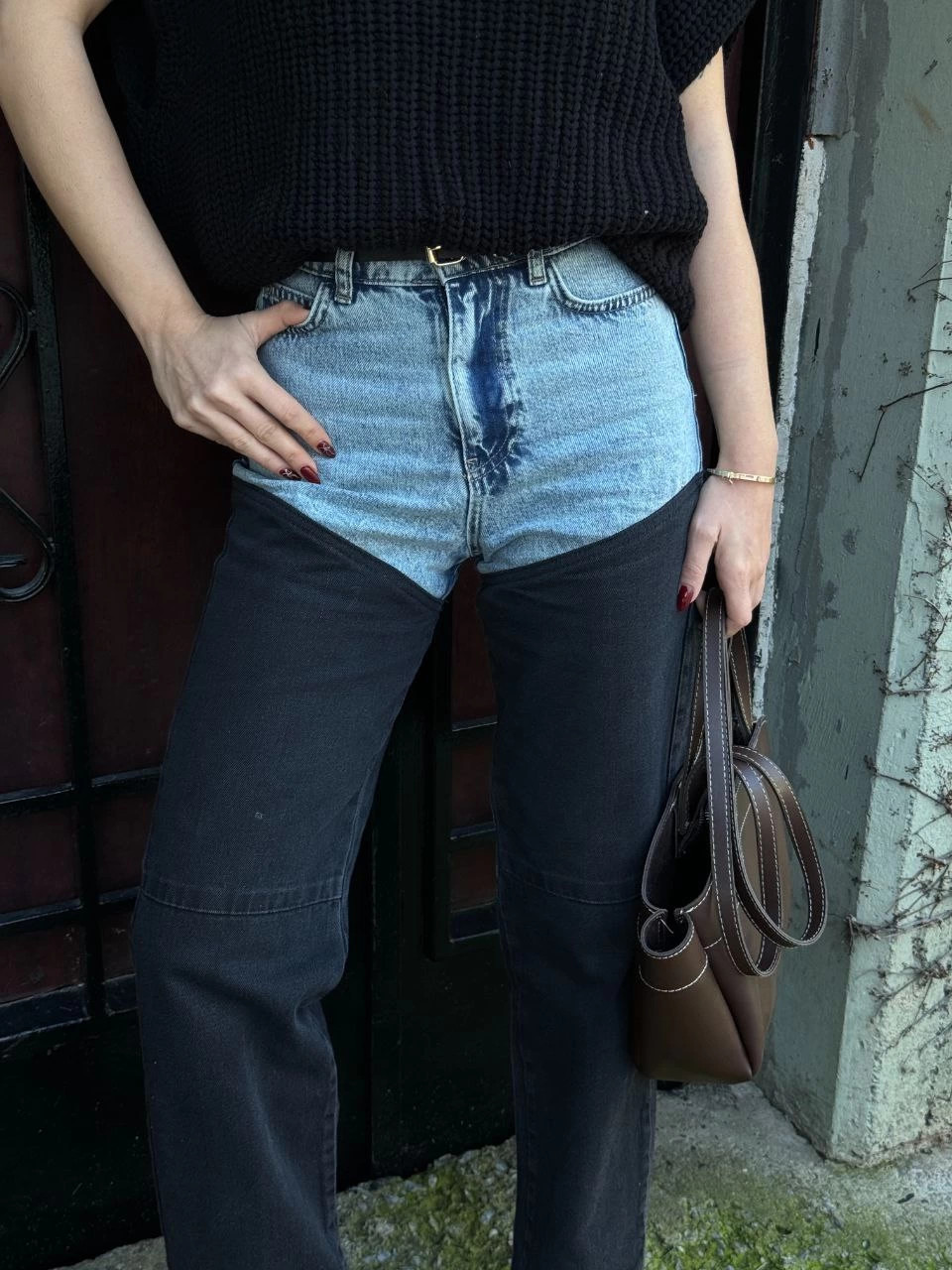 ASSEMA Kadın Jeans Kot Parçalı Palazzo Pantolon - Siyah