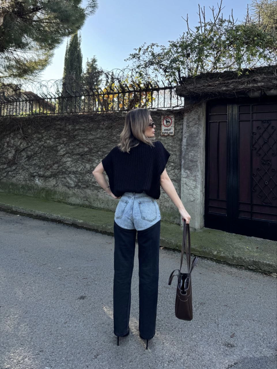 ASSEMA Kadın Jeans Kot Parçalı Palazzo Pantolon - Siyah