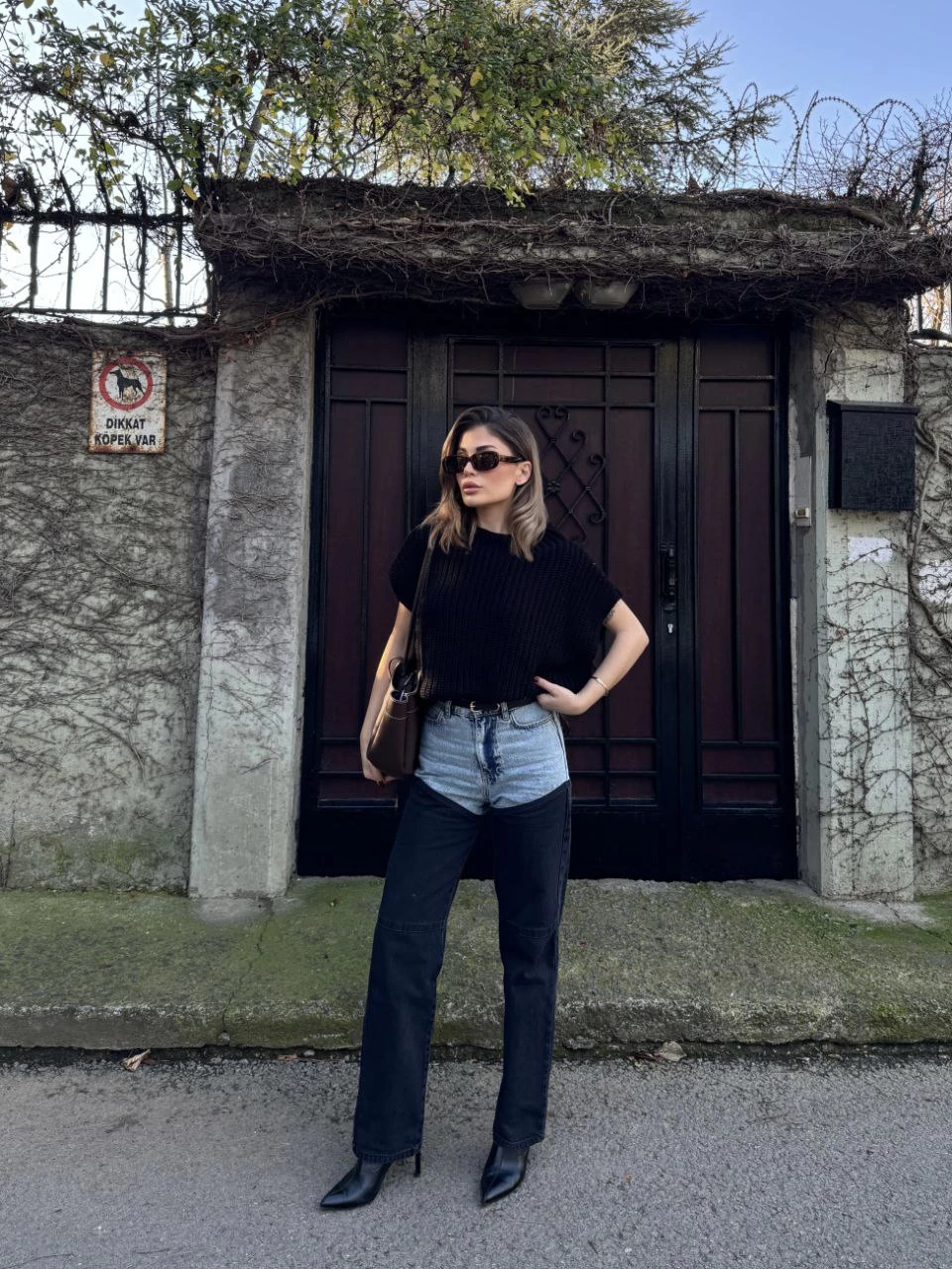 ASSEMA Kadın Jeans Kot Parçalı Palazzo Pantolon - Siyah