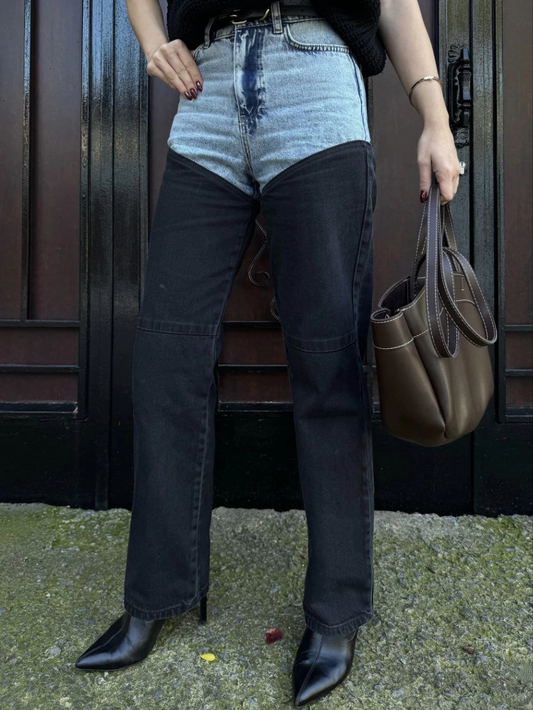 ASSEMA Kadın Jeans Kot Parçalı Palazzo Pantolon - Siyah