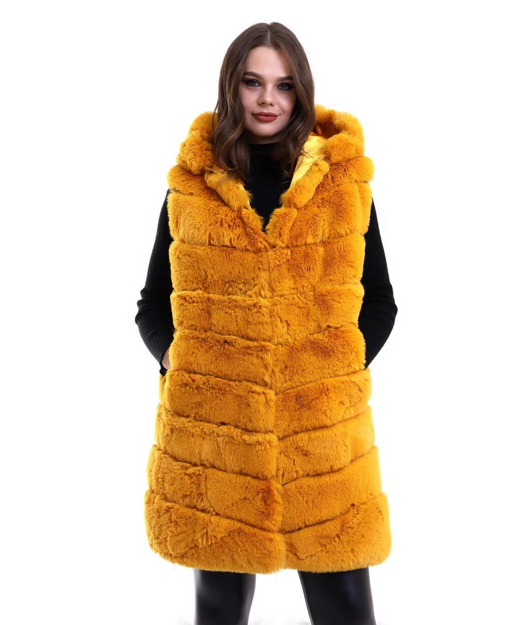 ASSEMA Kadın Kapşonlu Peluş Kürk Yelek Premium Kalite, Tam Astarlı, Uzun Model - Sarı