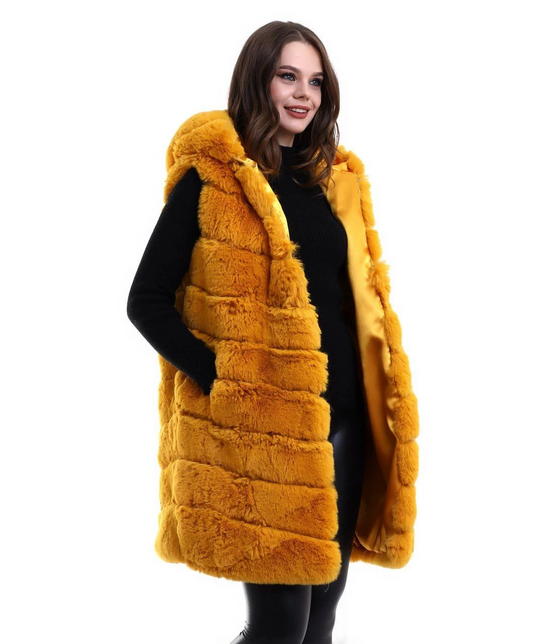 ASSEMA Kadın Kapşonlu Peluş Kürk Yelek Premium Kalite, Tam Astarlı, Uzun Model - Sarı