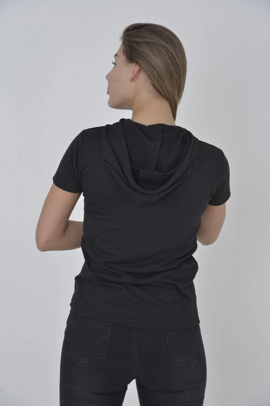 ASSEMA Kadın Kapüşonlu T-Shirt Kısa Kol Bisiklet Yaka Slimfit Tişört   - Siyah