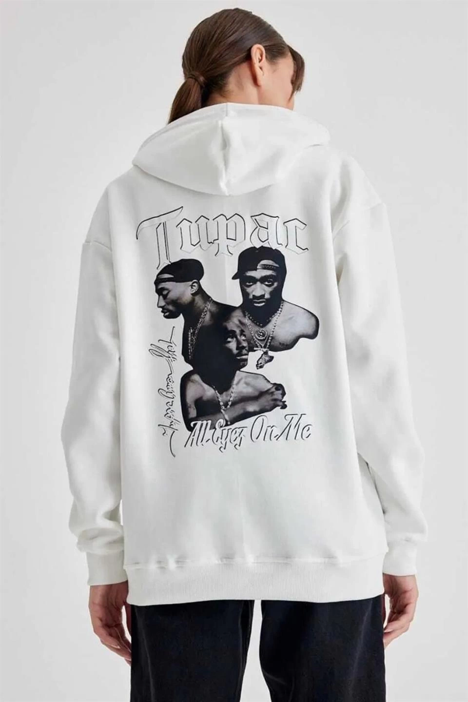 ASSEMA Kadın Kapüşonlu Sırt Baskılı Üç İplik Oversize Sweatshirt - Beyaz