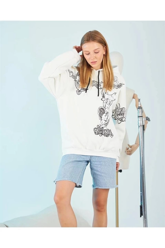 ASSEMA Kadın Kapüşonlu Üç İplik Sweatshirt Beyaz Strong Heykel Baskılı Kalıp Kanguru Cepli Modern