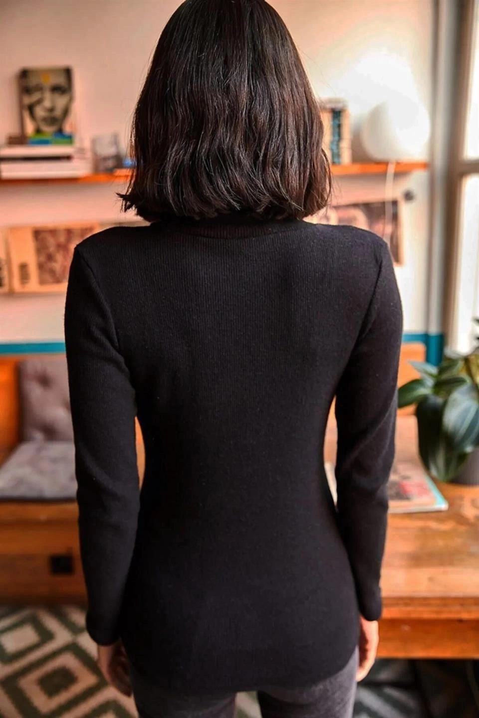 ASSEMA Kadın Kaşkorse Boğazlı Full Likralı Fitilli Body Kazak - Siyah