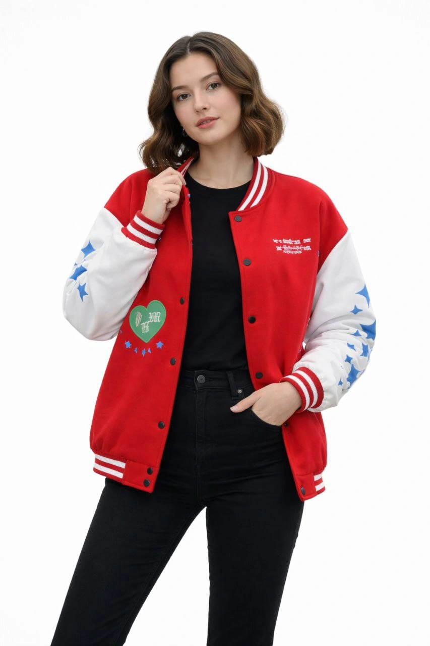 ASSEMA Kadın Kırmızı Varsity Çıtçıtlı Baskılı Oversize kalıp Kolej Ceket - Kırmızı