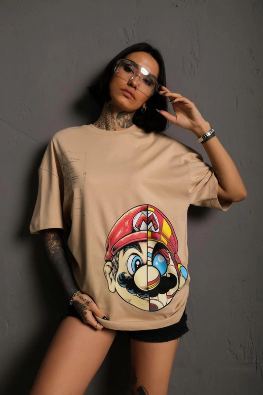 ASSEMA Kadın Mario Baskılı T-Shirt Oversize Kısa kol Bisiklet yaka tişort - Bej