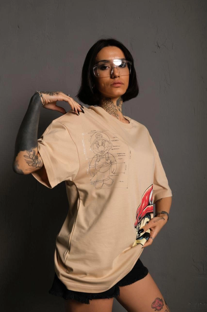 ASSEMA Kadın Mario Baskılı T-Shirt Oversize Kısa kol Bisiklet yaka tişort - Bej