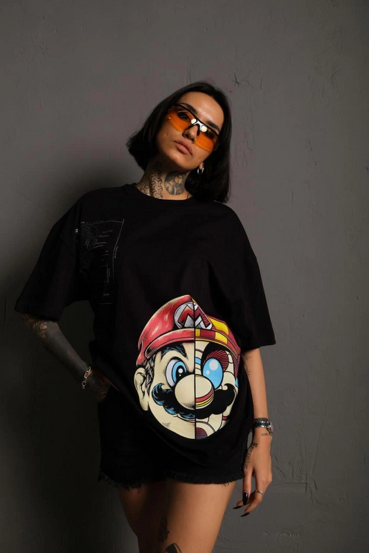 ASSEMA Kadın Mario Baskılı T-Shirt Oversize Kısa kol Bisiklet yaka tişort - Siyah