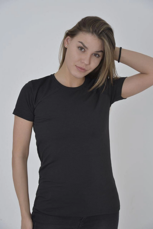 ASSEMA Kadın Omuz Fileli T-Shirt Kısa Kol Bisiklet Yaka Slimfit Tişört  - Siyah