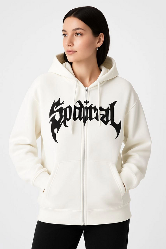 ASSEMA Kadın Kapüşonlu 3 İplik Şardonlu Önü Baskılı Fermuarlı Oversize Sweatshirt - Beyaz