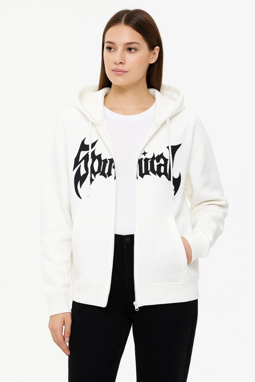 ASSEMA Kadın Kapüşonlu 3 İplik Şardonlu Önü Baskılı Fermuarlı Oversize Sweatshirt - Beyaz