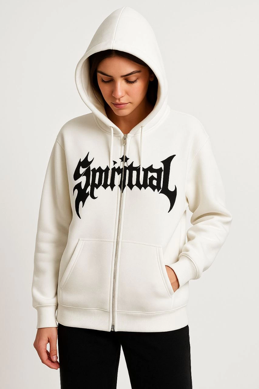 ASSEMA Kadın Kapüşonlu 3 İplik Şardonlu Önü Baskılı Fermuarlı Oversize Sweatshirt - Beyaz
