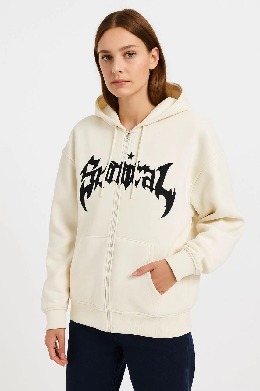 ASSEMA Kadın Kapüşonlu 3 İplik Şardonlu Önü Baskılı Fermuarlı Oversize Sweatshirt - Beyaz